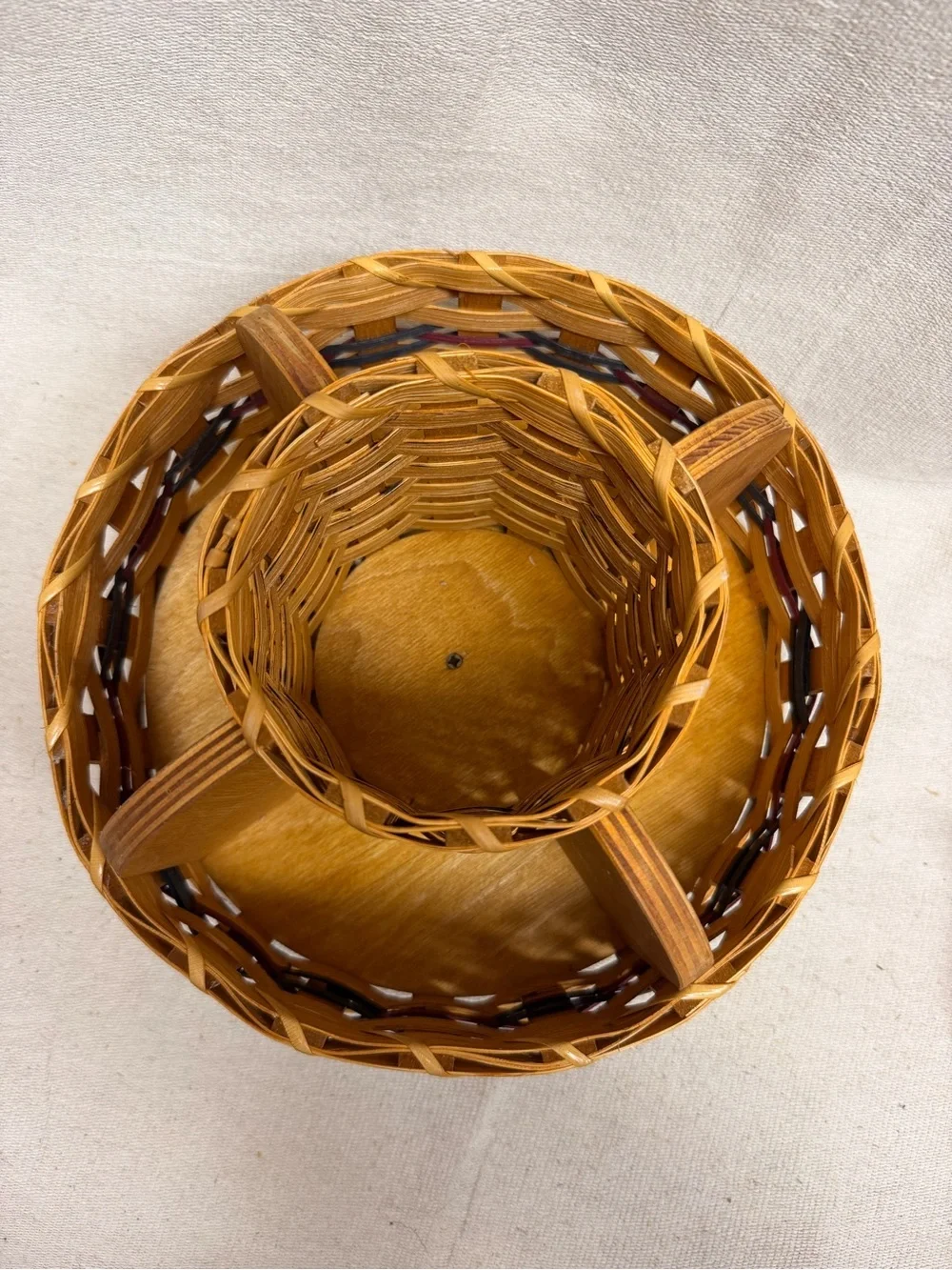 Handwoven Rotating Bamboo Organizer Basket with Navy & Burgundy Accents